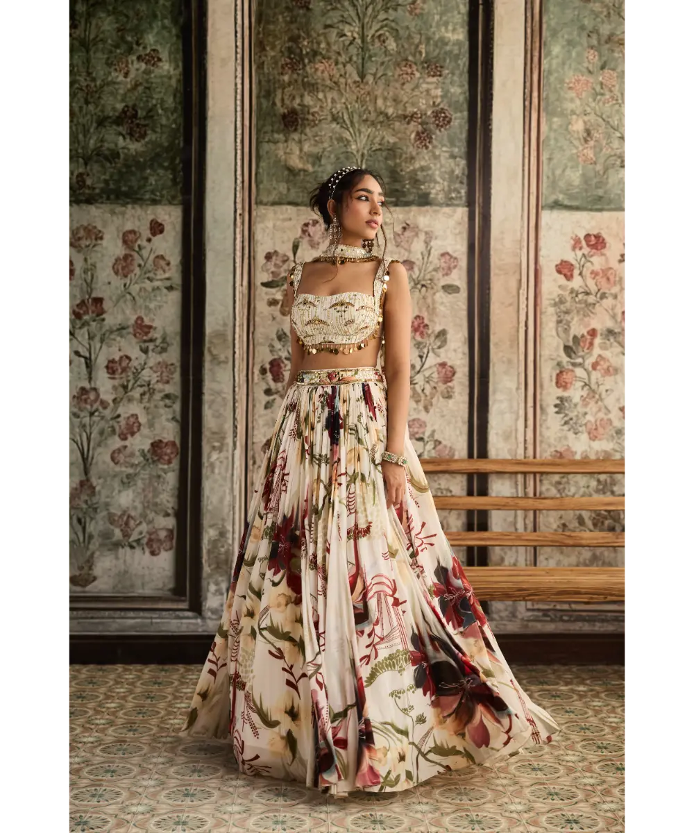DIYARAJVVIR - IVORY FLORAL PRINT AND HIGHLIGHTED LEHENGA SET